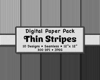 Pacote de papel digital com listras finas em cinza (XS 1/8") – 10 padrões em tons de cinza para scrapbooking, papelaria e artesanato