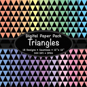 Pacote de papel digital Pastel Triangles (médio) – 18 fundos geométricos pretos e de cores suaves para scrapbooking, artesanato e trabalho digital
