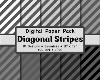 10 Monochrome Diagonal Stripes Digital Paper Pack (Medium) – Grayscale Seamless Patterns for Scrapbooking, DIY Stationery & Crafting