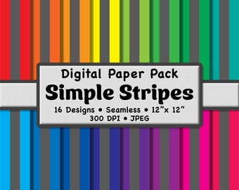 Sporty Rainbow Color Stripes Digital Paper Pack (Large) – 16 Gray and Bold Multicolor Patterns for Scrapbooking, DIY Stationery & Crafts
