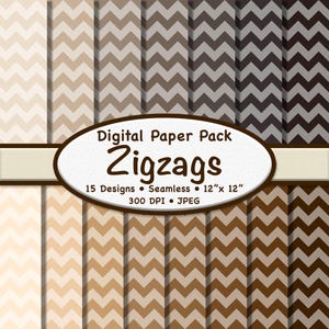 May include: A digital paper pack featuring 15 seamless zigzag designs in various shades of brown and beige. Each paper is 12" x 12" and has a resolution of 300 DPI. The pack is labeled "Digital Paper Pack Zigzags".