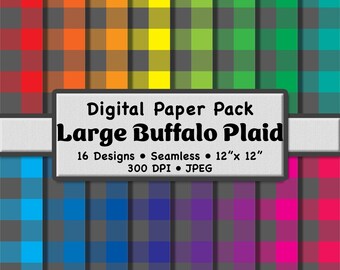 Bright Rainbow Buffalo Plaid Digital Paper Pack (Large 1.5") – 16 Gray and Multicolor Patterns for Scrapbooking, DIY Stationery & Crafts