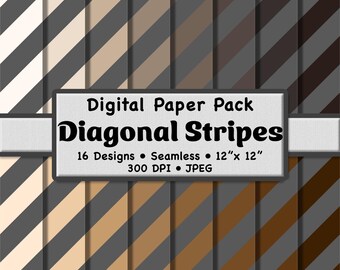 Thick Diagonal Stripes Neutral Color Digital Paper Pack (Large) – 16 Gray and Brown Patterns for Scrapbooking, DIY Stationery & Crafts