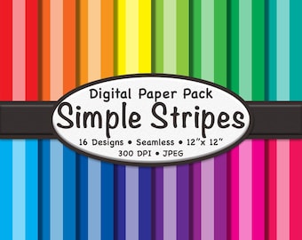 Pacote de papel digital com listras coloridas e arco-íris (2,5 cm) – 16 padrões contínuos, fundos de cores vibrantes para scrapbooking, papelaria e artesanato