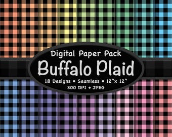 Buffalo Plaid Digital Paper (XS) – 18 Pack of Black & Pastel Checker Plaid Backgrounds for Scrapbooking, Crafts, and Custom Design Projects