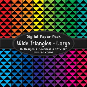 Puede incluir: Paquete de papel digital con un patrón repetitivo de triángulos anchos en varios colores, incluyendo rojo, naranja, amarillo, verde, azul, morado y rosa. El diseño es sin costuras y mide 30,48 cm x 30,48 cm. El texto en la imagen dice "Wide Triangles - Large".