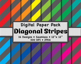 Rainbow Color Diagonal Stripes Digital Paper Pack (Large) – 16 Gray and Bold Multicolor Patterns for Scrapbooking, DIY Stationery & Crafts