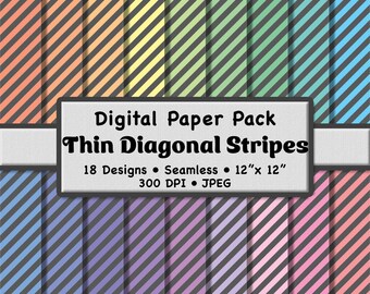 Rainbow Pastel Thin Diagonal Stripes Digital Paper Pack (Small) – 18 Gray and Multicolor Patterns for Scrapbooking, DIY Stationery & Crafts