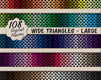 108 patrones de triángulos anchos (grandes) – Conjunto de descarga digital JPEG en negro y multicolor para scrapbooking, papelería y manualidades.