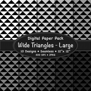 Puede incluir: Paquete de papel digital con diez diseños sin costuras de triángulos anchos en blanco y negro. Cada hoja mide 30,48 cm x 30,48 cm. El paquete incluye archivos JPEG a 300 DPI. El tema general es geométrico y moderno.
