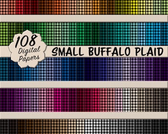 Small Solid Square Buffalo Plaid Seamless Patterns – 108 Black & Rainbow Color Digital Papers for Scrapbooking, DIY Stationary, Crafting