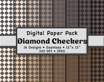 16 Neutral Color Diamond Checker Seamless Patterns (Medium) – Gray and Brown Digital Paper Pack for Scrapbooking, DIY Stationery & Crafting