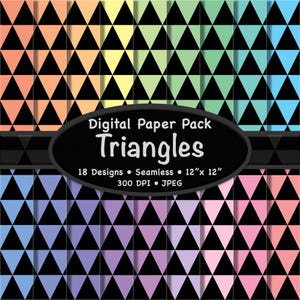 Pacote de papel digital com triângulos pastéis (grande) – 18 fundos geométricos pretos e de cores suaves para scrapbooking, artesanato e trabalho digital