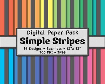 Thick Rainbow and Gray Color Stripes Digital Paper Pack (Large) – 16 Multicolor Patterns for Scrapbooking, DIY Stationery & Crafts