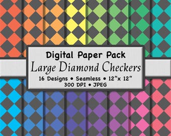 Paquete de 16 papeles digitales grandes con diseño de cuadros de diamantes arcoíris claros: patrones sin costuras en gris y multicolor para scrapbooking, papelería y manualidades.