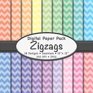 May include: A digital paper pack featuring 18 seamless zigzag designs in various pastel colors. Each paper is 12" x 12" and has a resolution of 300 DPI. The pack includes JPEG files. The title "Zigzags" is displayed prominently.