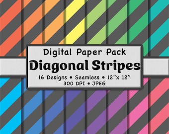 Thick Rainbow and Gray Diagonal Stripes Digital Paper Pack (Large) – 16 Multicolor Patterns for Scrapbooking, DIY Stationery & Crafts