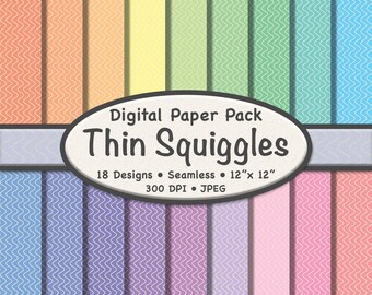 Pacote de Papel Digital Thin Squiggles (Pequeno) – 18 Cores Pastel com Fundos Ondulados Bege Sem Costura para Scrapbooking, Artesanato e Design