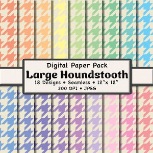 Puede incluir: Paquete de papel digital con un diseño de pata de gallo grande en varios colores, incluyendo naranja, amarillo, verde, azul, morado y rosa. El paquete incluye 18 diseños sin costuras, cada uno de 30,48 cm x 30,48 cm, con una resolución de 300 DPI, en formato JPEG.