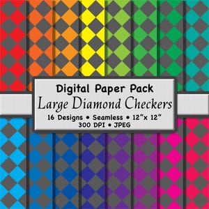 Könnte beinhalten: Ein digitales Papierpaket mit 16 nahtlosen Designs von großen Diamant-Karos. Die Muster zeigen eine Vielzahl von Farben, darunter Rot, Orange, Gelb, Grün, Blau, Lila und Pink, mit einem grauen Hintergrund. Jedes Design ist 30,48 cm x 30,48 cm groß.