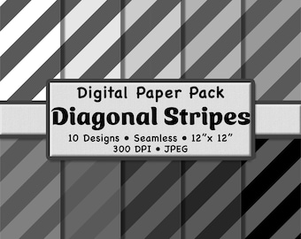 Thick Gray Diagonal Stripes Digital Paper Pack (Large) – 10 Neutral Monochrome Patterns for Digital Scrapbooking, DIY Stationery & Crafting