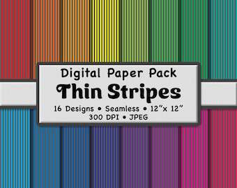 Thin Gray Candy Stripes Digital Paper Pack (XS 1/8") – 16 Bright Rainbow Color Patterns for Scrapbooking, DIY Stationery & Crafts