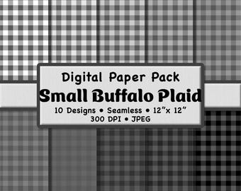 Paquete de 10 papeles digitales de cuadros grises (pequeños, 1,27 cm): patrones monocromáticos sin costuras en escala de grises para scrapbooking, papelería y manualidades.
