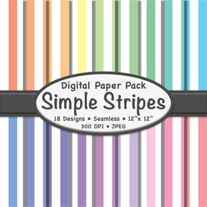 May include: Digital paper pack featuring a variety of colorful vertical stripes. The design includes stripes in shades of orange, yellow, green, blue, purple, and pink. The pack includes 18 designs, is seamless, and measures 12" x 12".