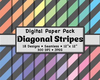 Pastel and Gray Diagonal Stripes Digital Paper Pack (Large) – 18 Seamless Soft Color Patterns for Scrapbooking, Stationery & Crafting