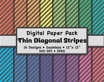 16 Light Rainbow Thin Diagonal Stripes Digital Paper Pack (Small) – Multicolor with Gray Patterns for Scrapbooking, DIY Stationery & Crafts