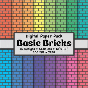 May include: A digital paper pack featuring a brick pattern in various colors, including orange, yellow, green, blue, and pink. The text "Digital Paper Pack Basic Bricks" is displayed, along with details about the designs, seamlessness, and size (12" x 12").