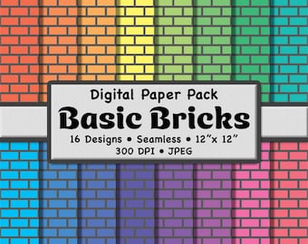 16 Papeles Digitales Rectángulos Básicos de Ladrillos en Arcoíris Claro y Gris: Patrones Multicolor Sin Costuras para Scrapbooking, Papelería DIY y Manualidades