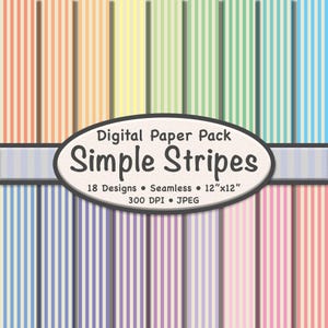 May include: A digital paper pack featuring a variety of colorful striped designs. The pack includes 18 seamless designs, each 12"x12" in size, with a resolution of 300 DPI. The text on the image reads "Simple Stripes".