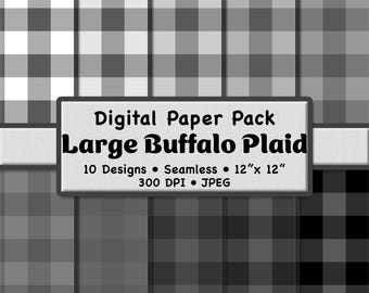 10 Monochrome Buffalo Plaid Digital Paper Pack (Large 1.5") – Grayscale Seamless Patterns for Scrapbooking, DIY Stationery & Crafting