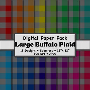 Könnte beinhalten: Digitales Papierpaket mit 16 nahtlosen, großen Büffel-Plaid-Designs. Jedes Design ist 30,48 cm x 30,48 cm groß und enthält eine Vielzahl von Farben, darunter Rot, Orange, Gelb, Grün, Blau und Lila. Das Paket hat 300 DPI und ist im JPEG-Format.