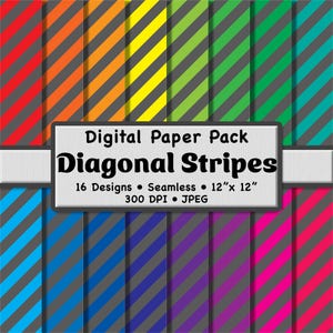 May include: Digital paper pack featuring diagonal stripes in various colors, including red, orange, yellow, green, blue, purple, and pink. Each design is seamless and measures 12" x 12". The pack includes 16 designs and is 300 DPI.