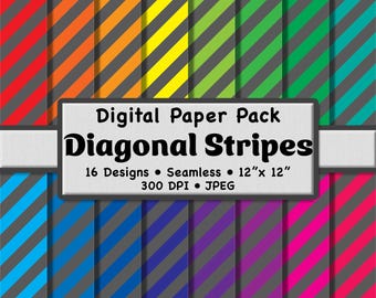Bright Rainbow Diagonal Stripes Digital Paper Pack (Medium) – 16 Gray and Multicolor Patterns for Scrapbooking, DIY Stationery & Crafts