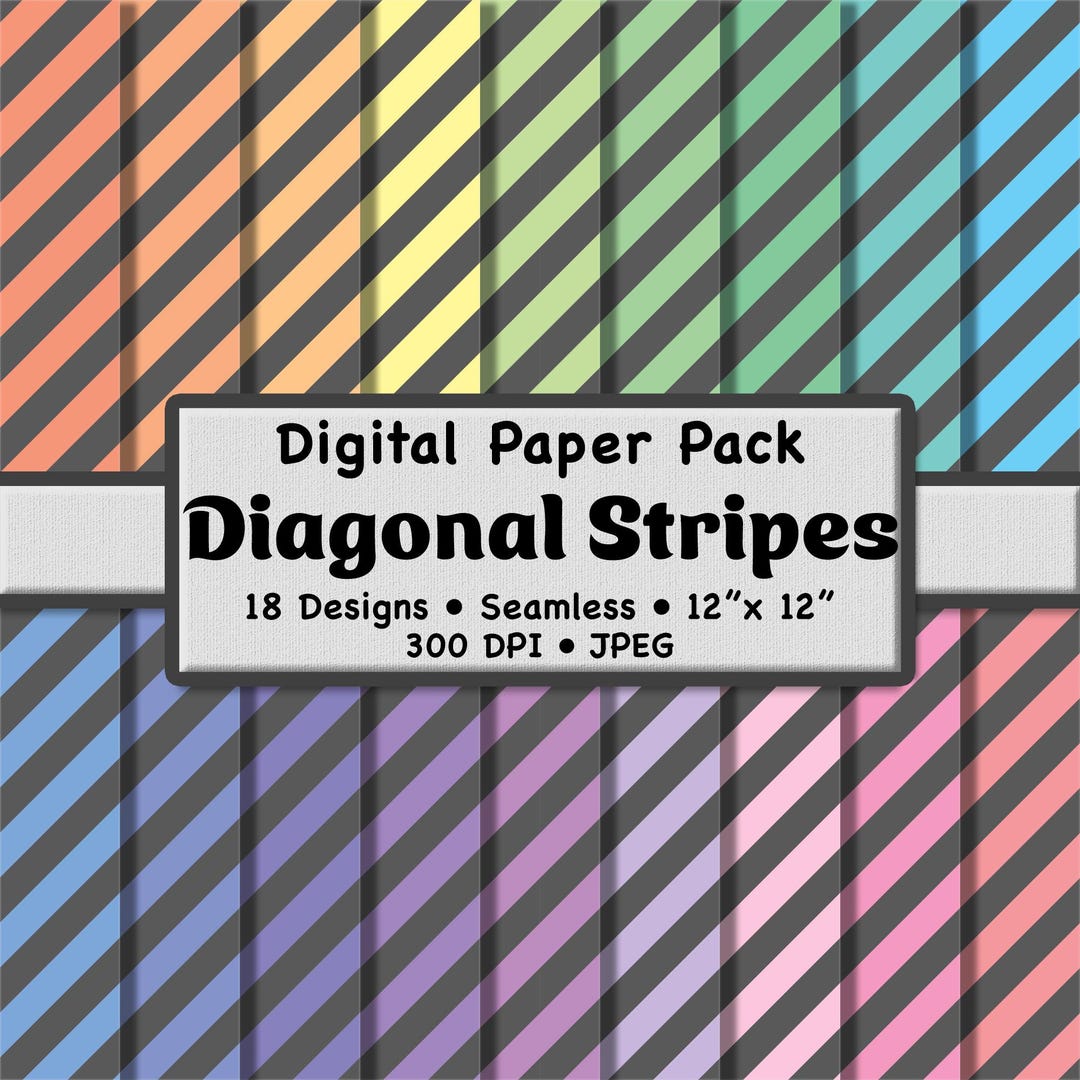 Pastel Diagonal Stripes Digital Paper Pack (medium) – 18 Gray and Soft ...