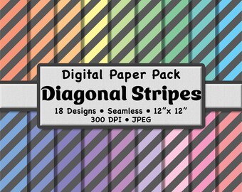 Pastel Diagonal Stripes Digital Paper Pack (Medium) – 18 Gray and Soft Color Rainbow Patterns for Scrapbooking, DIY Stationery & Crafting