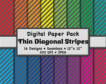 Bright Rainbow Thin Diagonal Stripes Digital Paper Pack (Small) – 16 Gray and Multicolor Patterns for Scrapbooking, DIY Stationery & Crafts