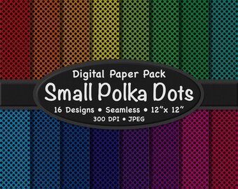 16 Small Black Polka Dots on Dark Color Backgrounds: Seamless Pattern Digital Paper Pack (12"x12" JPEG Download)