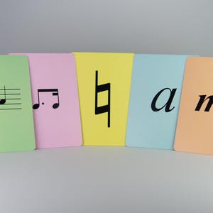 K&ouml;nnte beinhalten: Eine Sammlung farbiger Karteikarten mit musikalischen Symbolen und Begriffen. Die Karten sind in Gr&uuml;n, Rosa, Gelb, Hellblau und Pfirsich gehalten. Jede Karte zeigt ein anderes musikalisches Symbol oder einen Begriff in Schwarz, darunter ein Violinschl&uuml;ssel, eine Viertelnote und die Buchstaben &bdquo;a&ldquo; und &bdquo;mf&ldquo;.