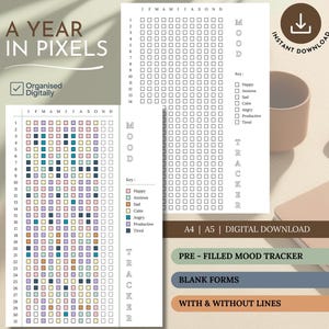 Könnte beinhalten: Digitaler Download mit Mood-Tracker-Vorlagen. Das Design umfasst ein "Year in Pixels"-Diagramm mit Kästchen zur täglichen Stimmungserfassung, einen Schlüssel für Emotionen und Optionen für A4- und A5-Größen. Der Text enthält "Sofort-Download".