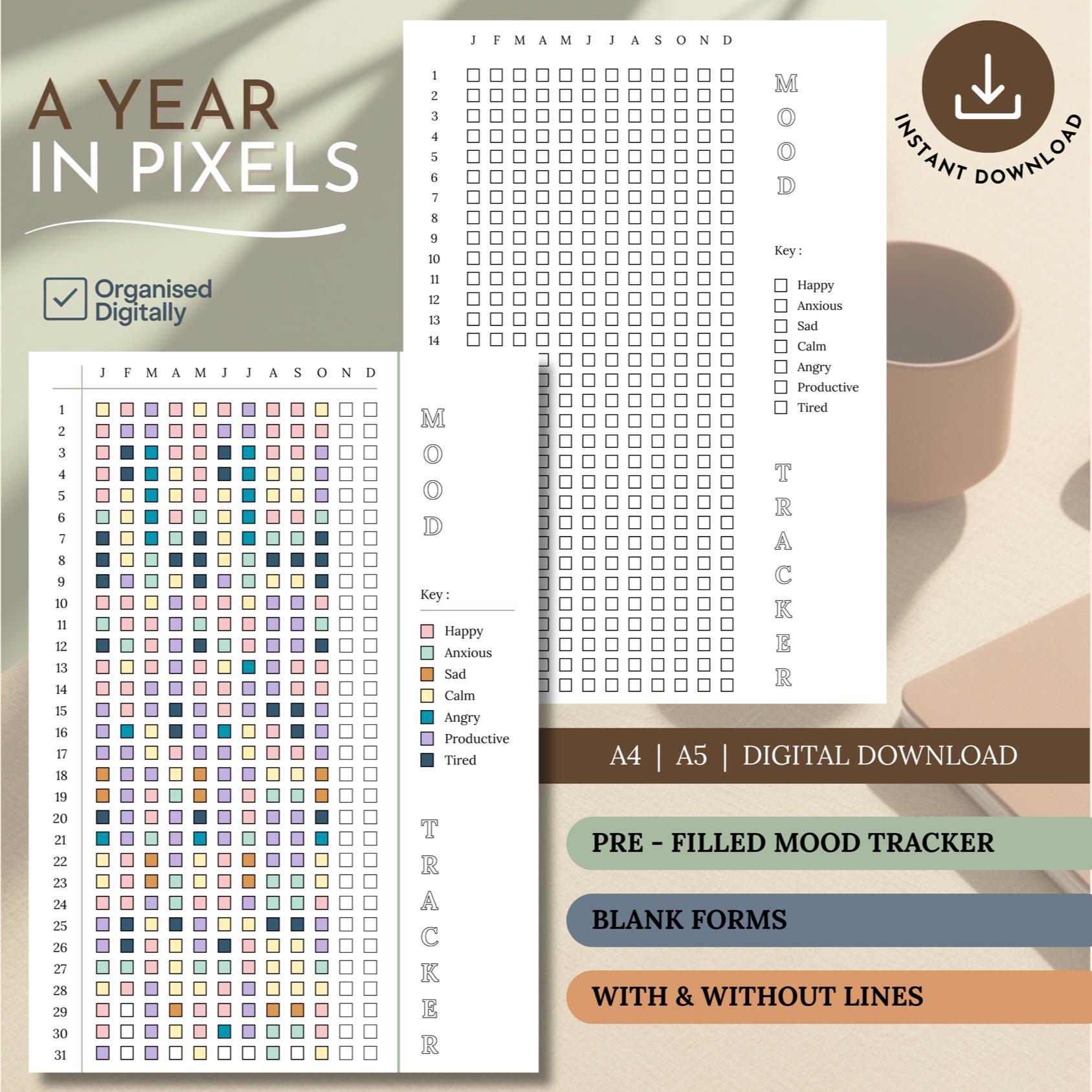Year in Pixels | Bullet Journal Mood Tracker | Blank Forms | Filled ...
