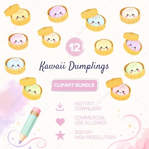 Puede incluir: Un paquete de imágenes prediseñadas digitales con doce dumplings kawaii en vaporeras de bambú. Los dumplings tienen caras sonrientes y vienen en varios colores pastel. También se incluye el texto "Kawaii Dumplings" y "Clipart Bundle".