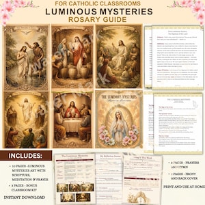 Peut inclure: Guide du Rosaire pour les salles de classe catholiques, avec des illustrations des Mystères Lumineux. Comprend 10 pages d'art avec écriture, méditation et prière, ainsi qu'un kit de classe bonus. Téléchargement instantané.