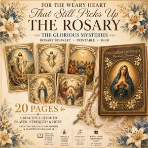Puede incluir: Un conjunto de folletos y tarjetas religiosos de estilo vintage, con ilustraciones de escenas bíblicas y un retrato de la Virgen María. El conjunto incluye un rosario y está diseñado como una guía para la oración, la fuerza y la esperanza.