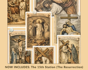 15 Stations of the Cross Art Set | Antique Parchment Catholic Wall Prints (Digital Download)