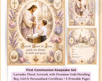 First Communion Keepsake Printable, Sacred Heart of Jesus, Lavender Floral, 8x10 Fill-In Certificate Download PDF