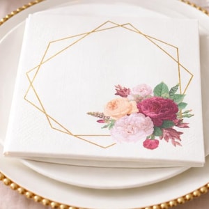 20 Pack Paper Napkins White with Gold Hexagon Frame & Floral Print - 6.5"